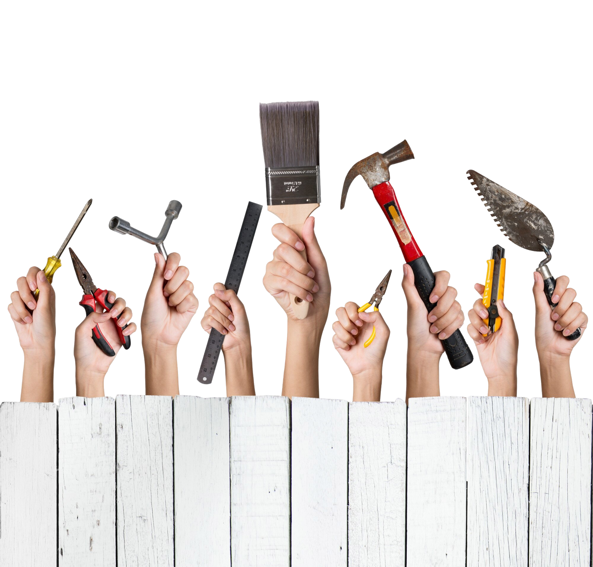 Herramientas profesionales de construcción y limpieza utilizadas por el equipo de F.J. Ayén en sus proyectos.